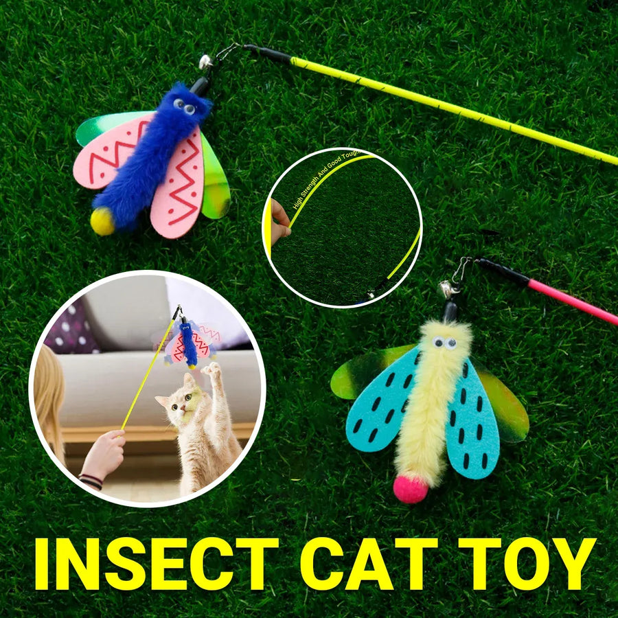 Insect Cat Teaser Wand 49cm Long Stick Toy with Bell for Interactive Play - Yellow