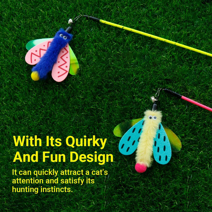 Insect Cat Teaser Wand 49cm Long Stick Toy with Bell for Interactive Play - Yellow