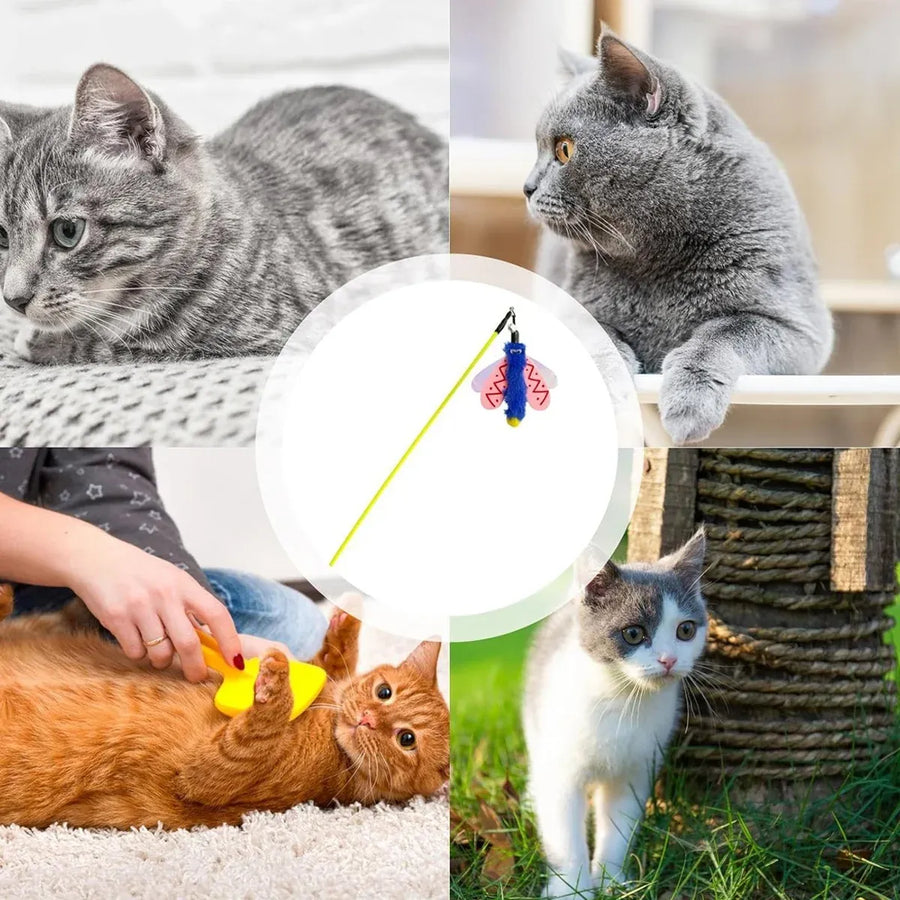 Insect Cat Teaser Wand 49cm Long Stick Toy with Bell for Interactive Play - Yellow