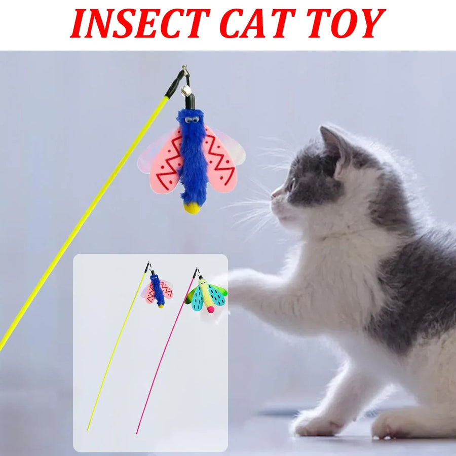 Insect Cat Teaser Wand 49cm Long Stick Toy with Bell for Interactive Play - Yellow