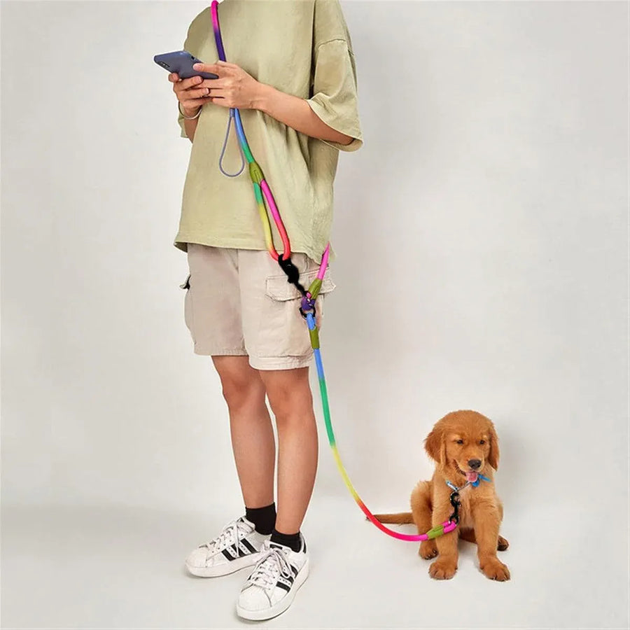 Adjustable Diagonal Dog Walking Leash Hands Free Crossbody Pet Lead Dogs - Colourful