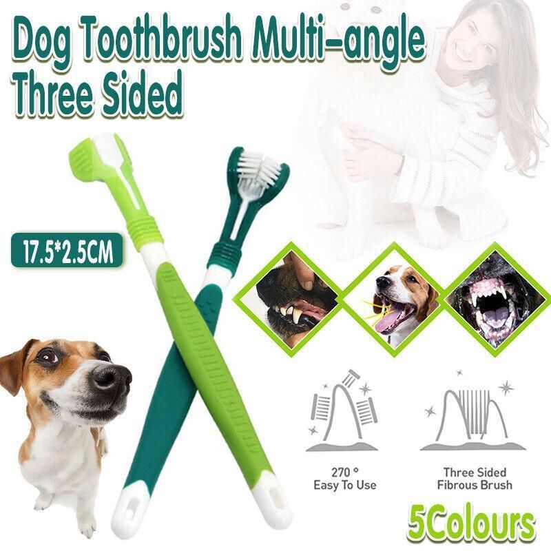 Three Sided Dog Toothbrush Pet Cat Teeth Cleaning Tool Oral Mouth Care Soft Bristle - Red+Blue