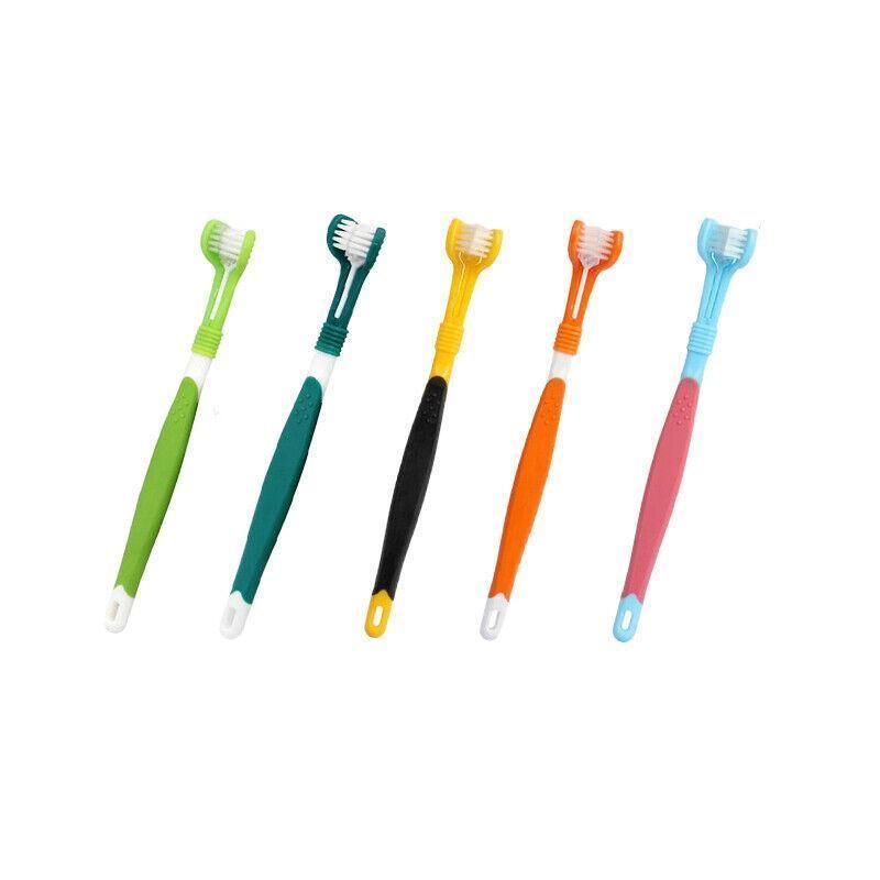 Three Sided Dog Toothbrush Pet Cat Teeth Cleaning Tool Oral Mouth Care Soft Bristle - Red+Blue