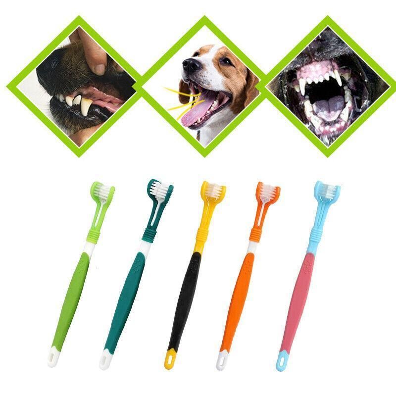 Three Sided Dog Toothbrush Pet Cat Teeth Cleaning Tool Oral Mouth Care Soft Bristle - Red+Blue