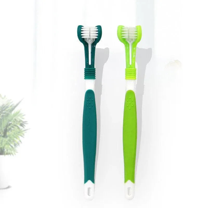 Three Sided Dog Toothbrush Pet Cat Teeth Cleaning Tool Oral Mouth Care Soft Bristle - Red+Blue