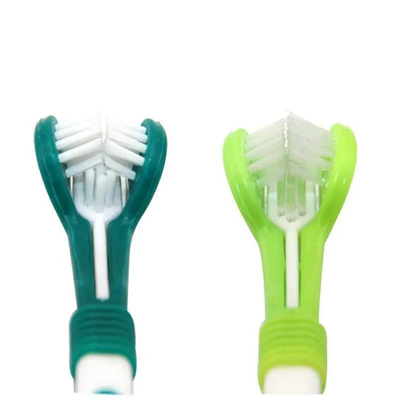 Three Sided Dog Toothbrush Pet Cat Teeth Cleaning Tool Oral Mouth Care Soft Bristle - Red+Blue