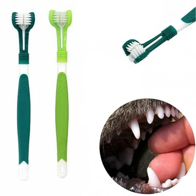 Three Sided Dog Toothbrush Pet Cat Teeth Cleaning Tool Oral Mouth Care Soft Bristle - Red+Blue