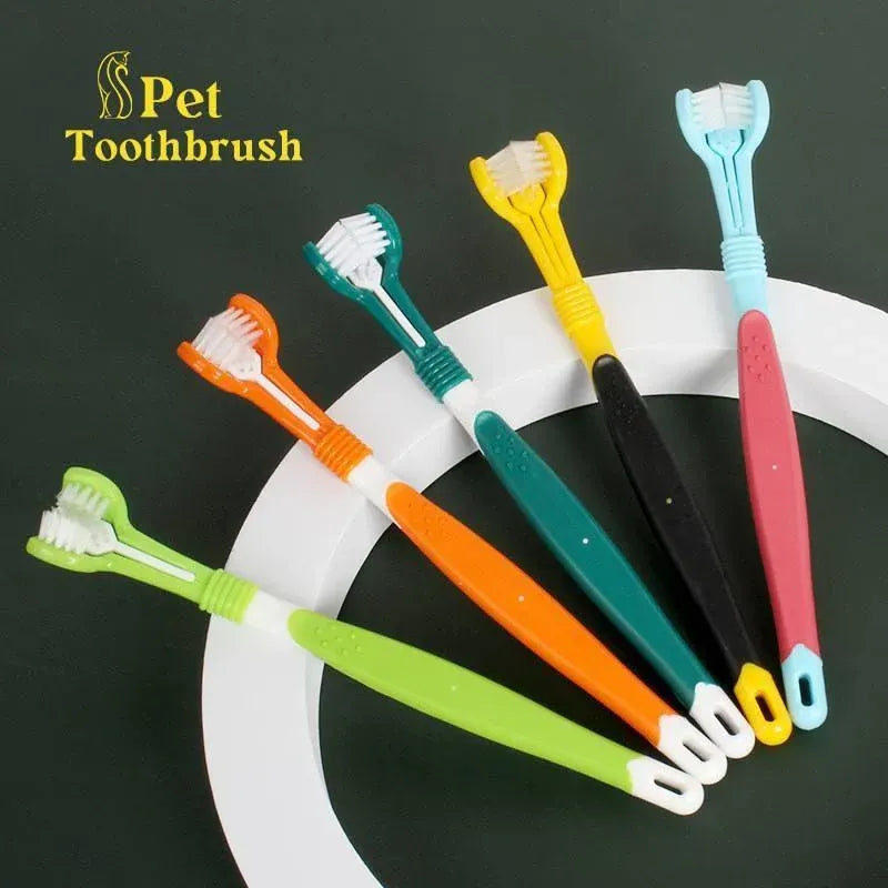 Three Sided Dog Toothbrush Pet Cat Teeth Cleaning Tool Oral Mouth Care Soft Bristle - Red+Blue