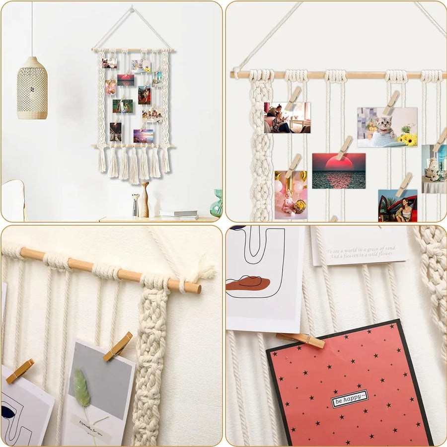 Hanging Photo Display with 30 Wood Clips Macrame Cotton Rope Wall Hanging Picture