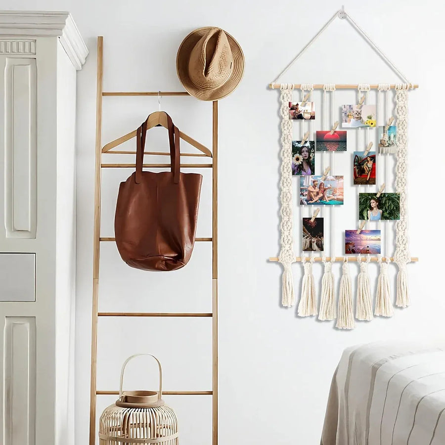 Hanging Photo Display with 30 Wood Clips Macrame Cotton Rope Wall Hanging Picture