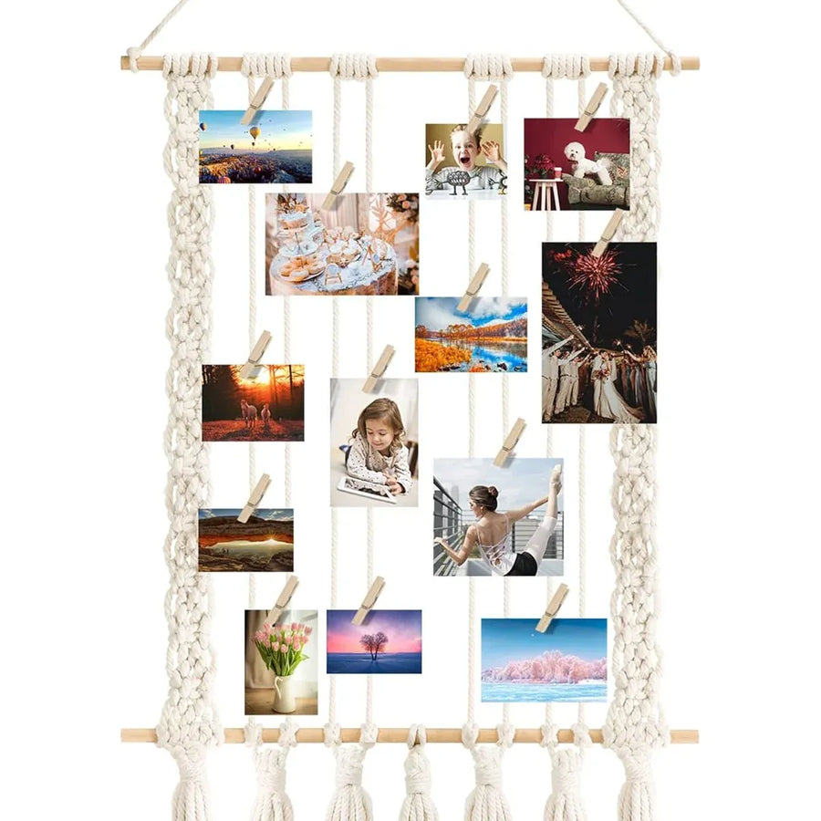 Hanging Photo Display with 30 Wood Clips Macrame Cotton Rope Wall Hanging Picture