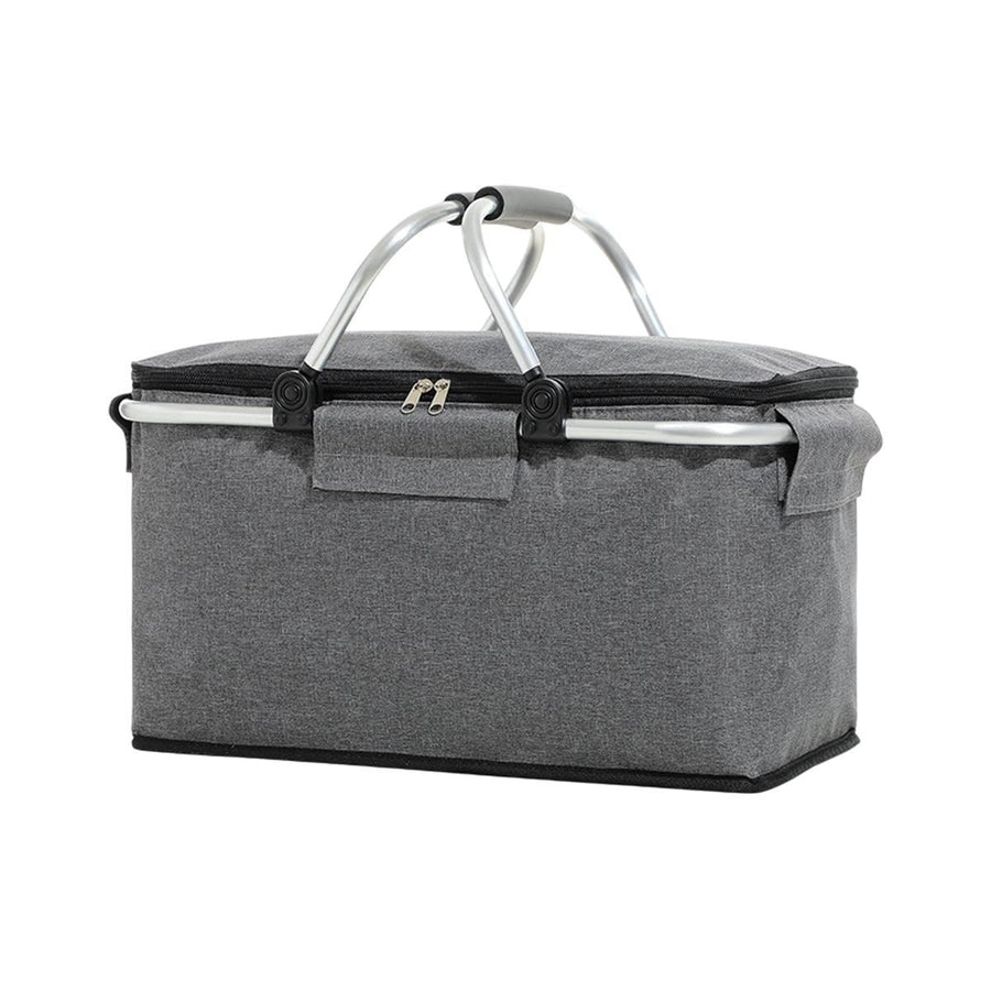 Folding Picnic Basket Insulated Cooler Bag Portable Outdoor Grocery Storage - Grey