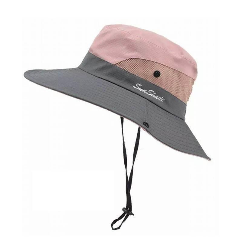 Women Wide Brim Ponytail Hat Sun Protect Visor Summer Beach Cap Anti Uv Floppy - Pink
