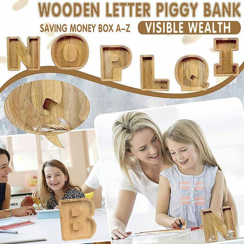 Wooden Piggy Bank Funny Letter or Guitar Coin Saving Money Box A–Z Gift Idea - A