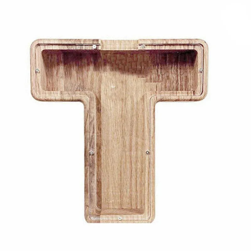 Wooden Piggy Bank Funny Letter or Guitar Coin Saving Money Box A–Z Gift Idea - T