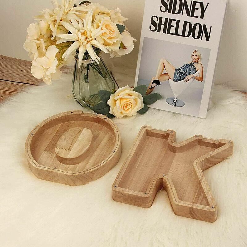 Wooden Piggy Bank Funny Letter or Guitar Coin Saving Money Box A–Z Gift Idea - T