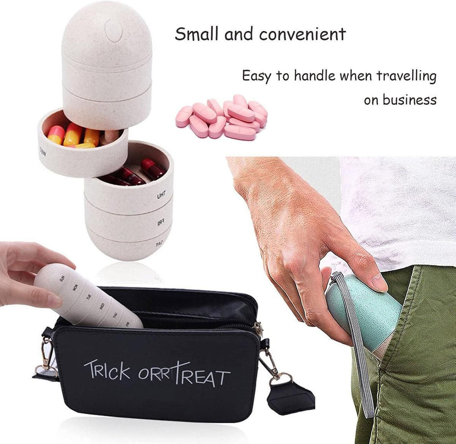 Sealed 7 Compartment Rotating Pill Box Weekly Travel Capsule Organizer Case