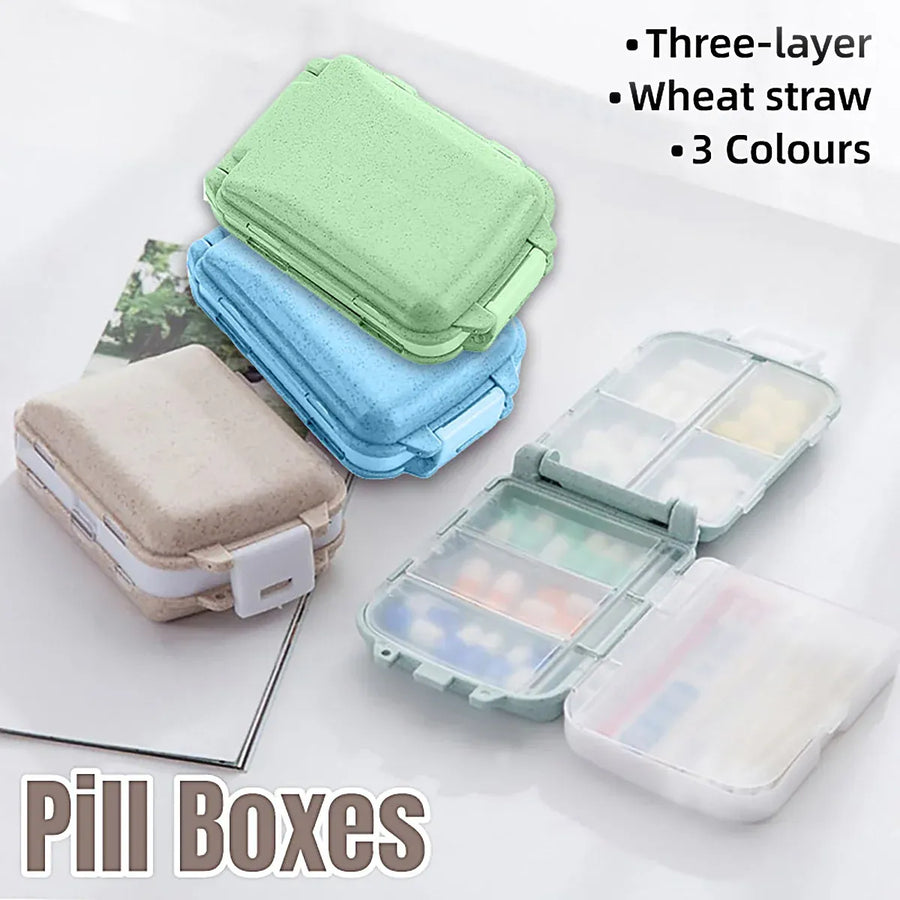 Three Layer Folding Medicine Box Portable 8 Cell Mini Pill Case Sealed Storage - Beige