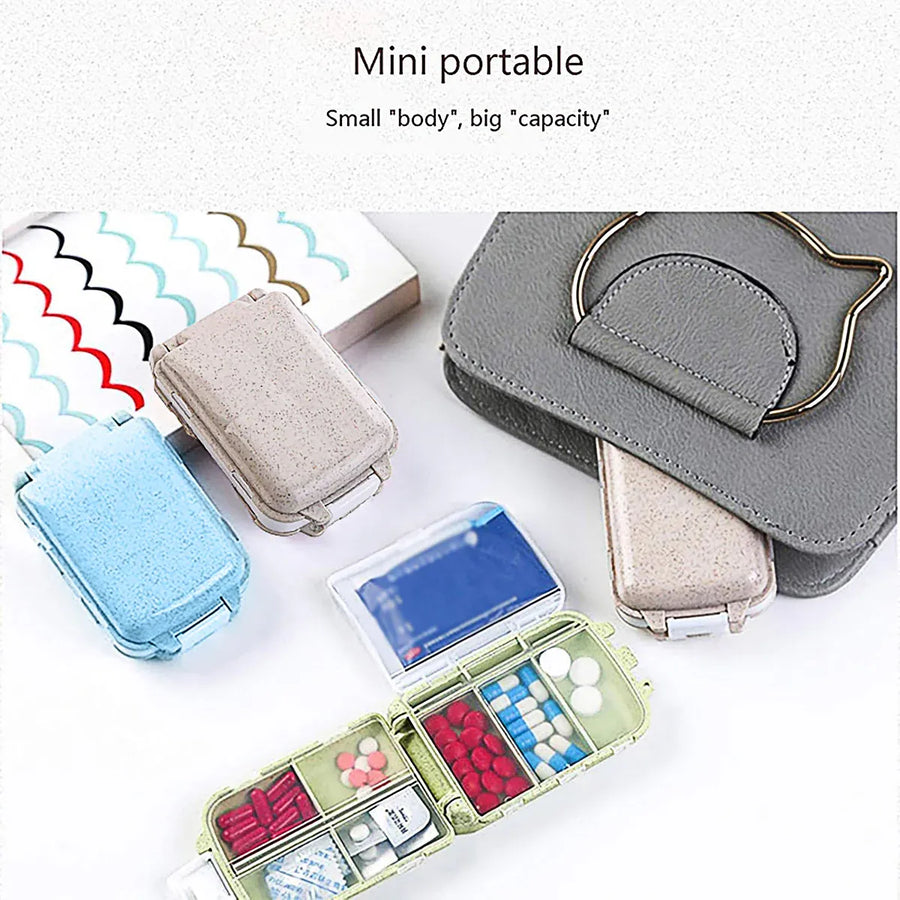 Three Layer Folding Medicine Box Portable 8 Cell Mini Pill Case Sealed Storage - Beige