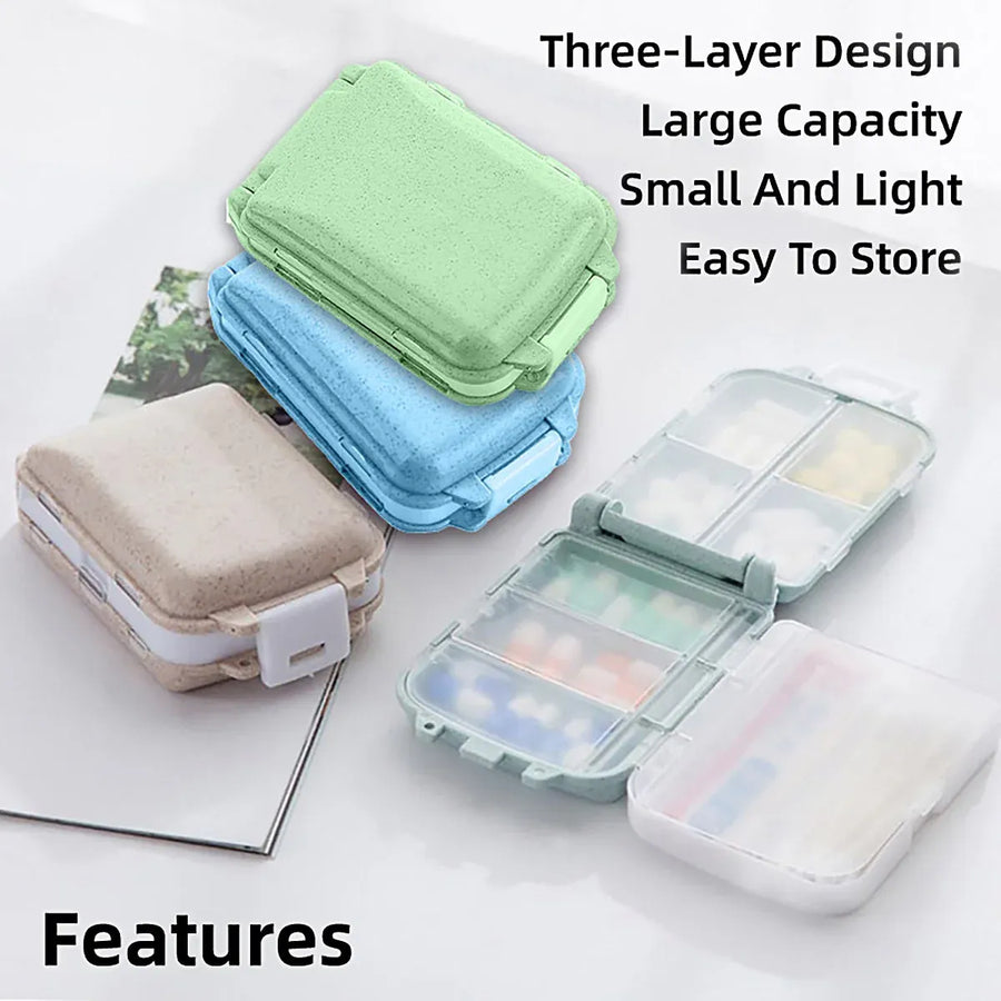 Three Layer Folding Medicine Box Portable 8 Cell Mini Pill Case Sealed Storage - Beige