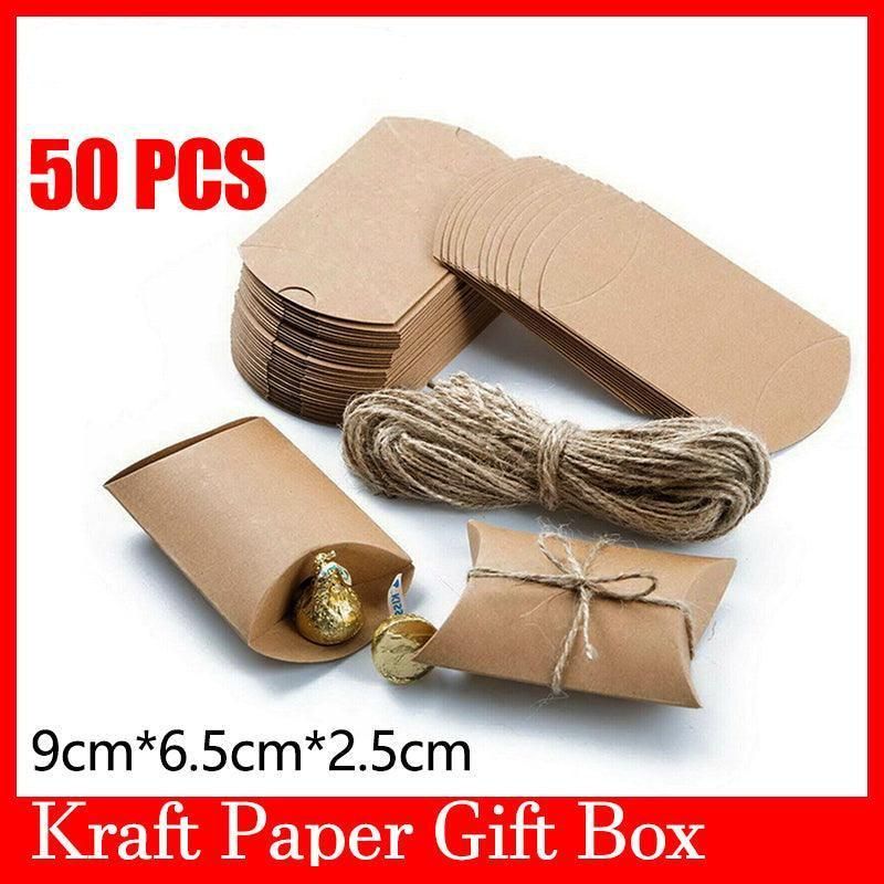 50pcs Kraft Paper Pillow Gift Boxes with Hemp Rope for Candy Favour Packaging - Brown