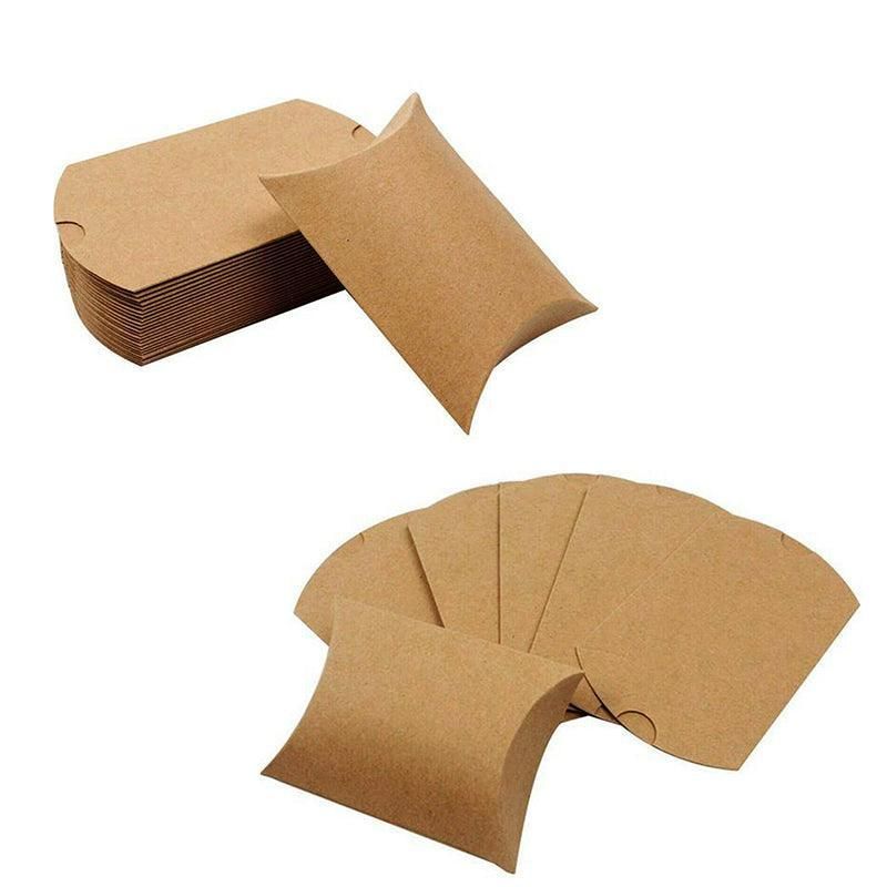 50pcs Kraft Paper Pillow Gift Boxes with Hemp Rope for Candy Favour Packaging - Brown