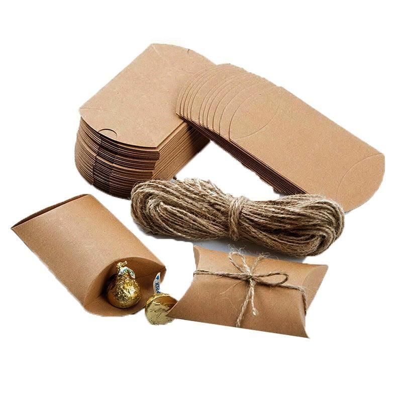 50pcs Kraft Paper Pillow Gift Boxes with Hemp Rope for Candy Favour Packaging - Brown