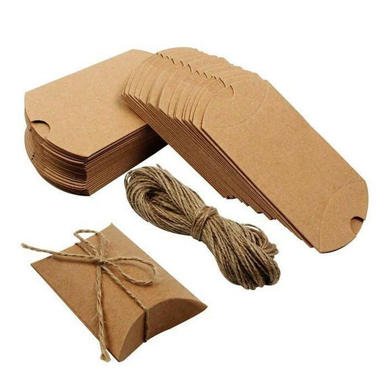 50pcs Kraft Paper Pillow Gift Boxes with Hemp Rope for Candy Favour Packaging - Brown