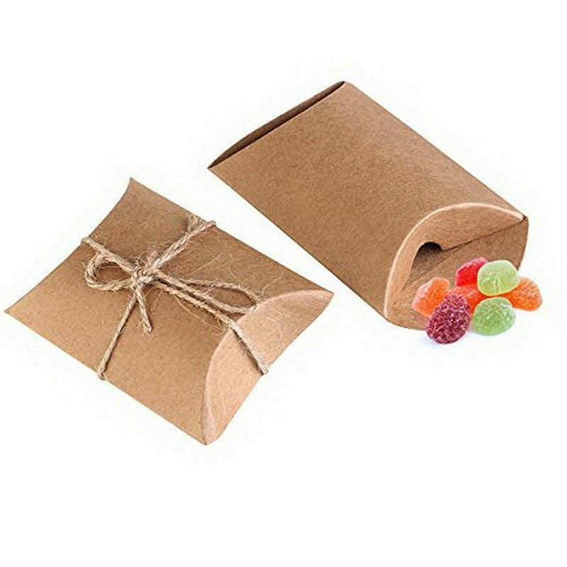 50pcs Kraft Paper Pillow Gift Boxes with Hemp Rope for Candy Favour Packaging - Brown