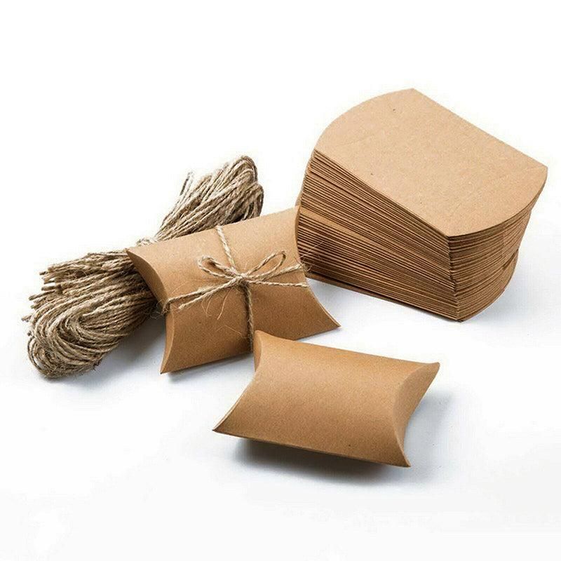 50pcs Kraft Paper Pillow Gift Boxes with Hemp Rope for Candy Favour Packaging - Brown
