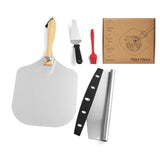 Aluminum Pizza Shovel 12Inch Pizza Transfer Tool with Pizza Cutter and Wheel Set - Front View