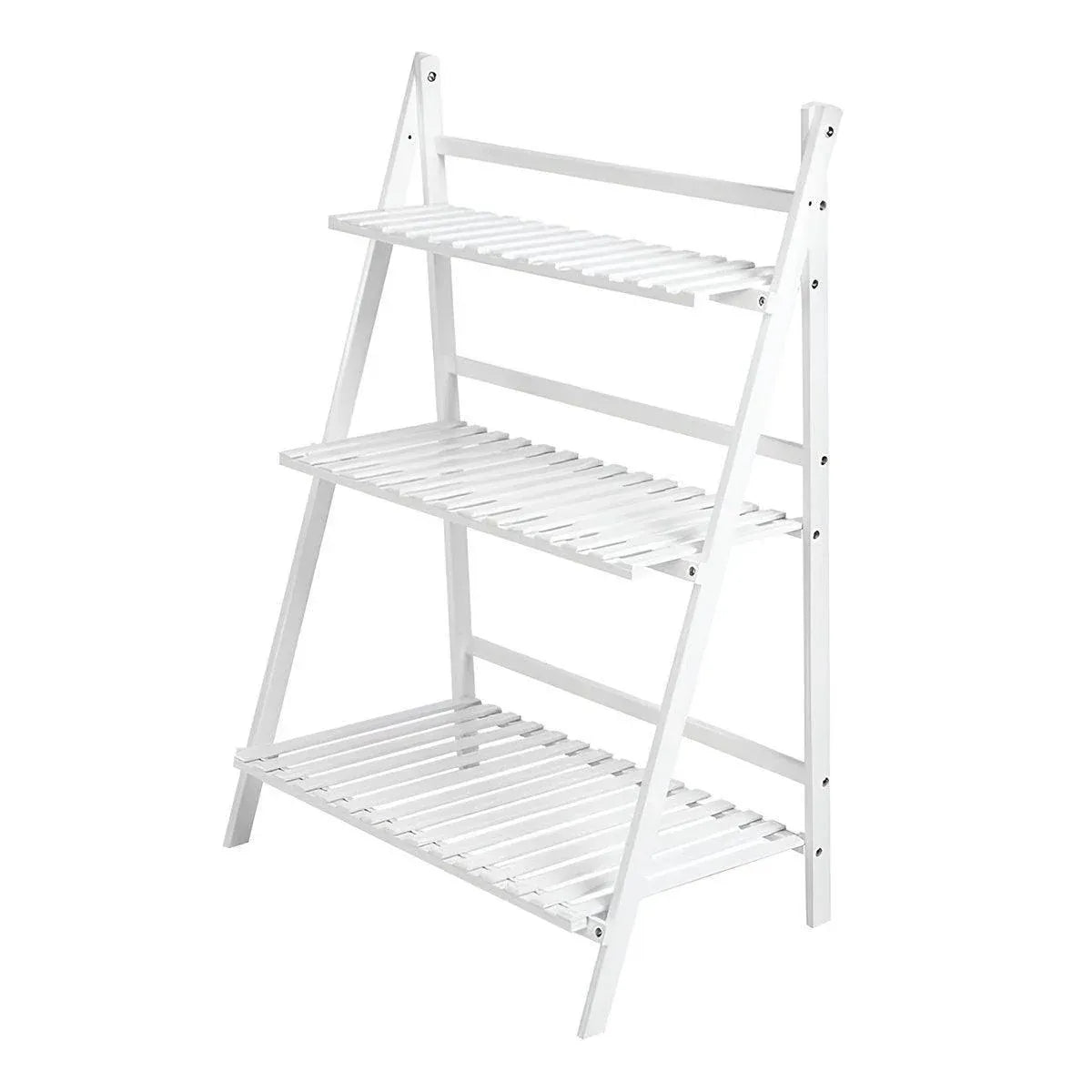 Balcony Plant Stand 3-Layer Wooden Flower Pot Corner Stand White Log Foldable - White