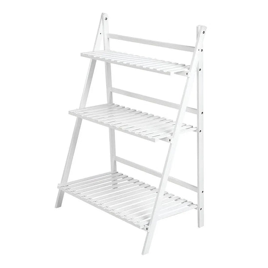 Balcony Plant Stand 3-Layer Wooden Flower Pot Corner Stand White Log Foldable - White