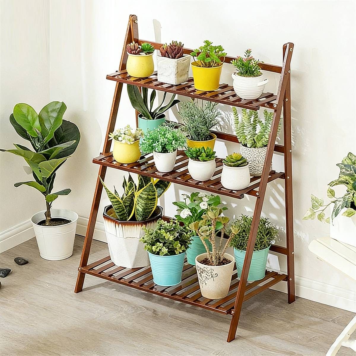 Balcony Plant Stand 3-Layer Wooden Flower Pot Corner Stand White Log Foldable - White