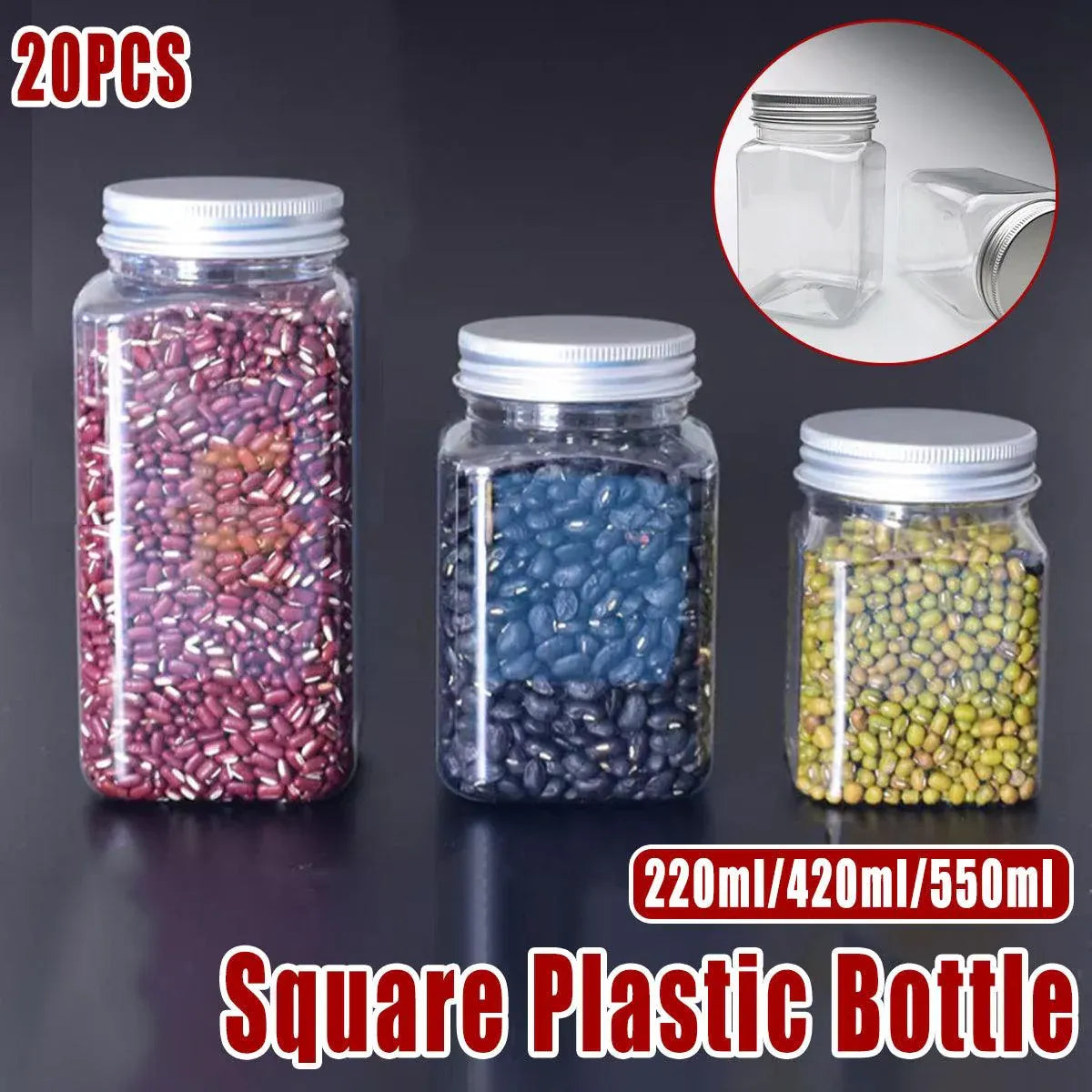 20pcs Square Transparent Plastic Bottle with Aluminum Cap Sealed Jar for Food Storage - 550ml