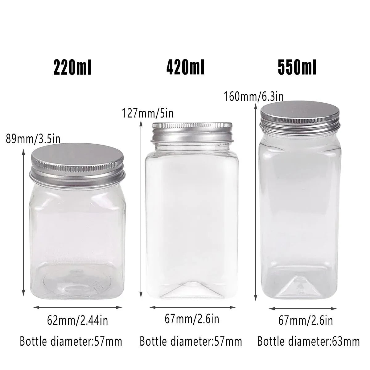 20pcs Square Transparent Plastic Bottle with Aluminum Cap Sealed Jar for Food Storage - 550ml
