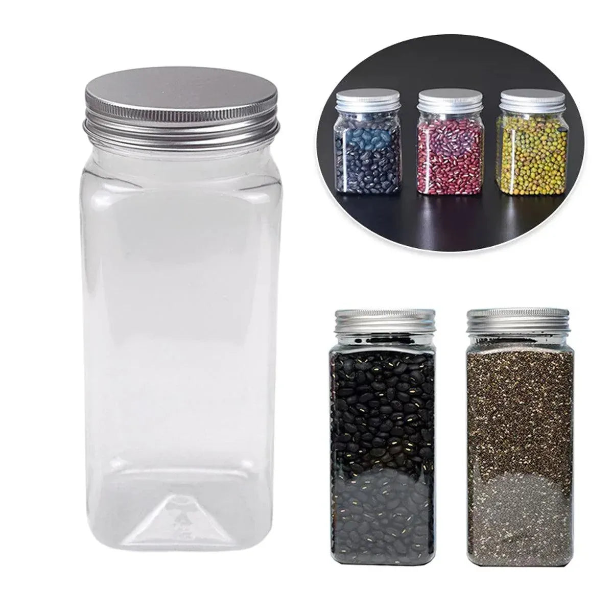 20pcs Square Transparent Plastic Bottle with Aluminum Cap Sealed Jar for Food Storage - 550ml