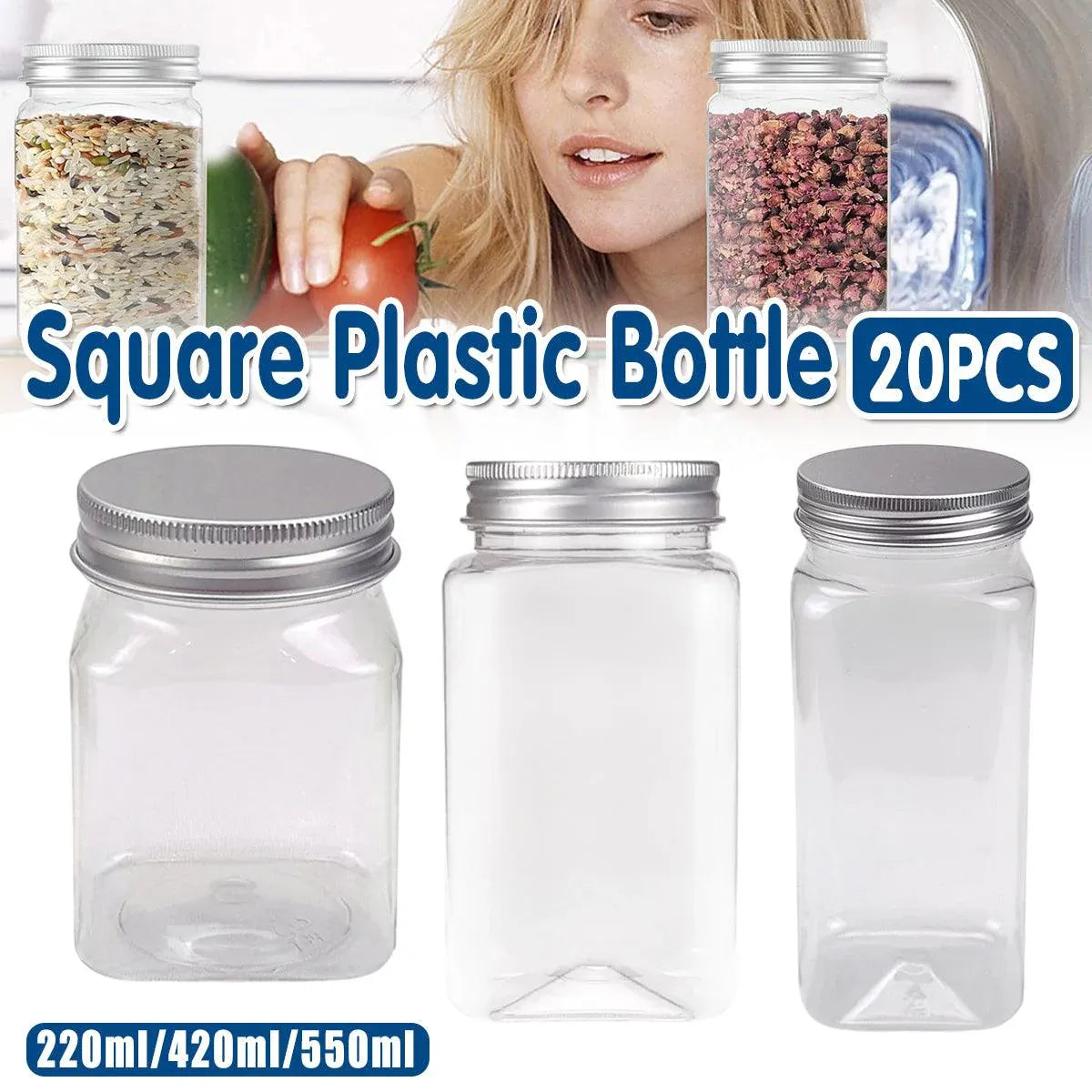 20pcs Square Transparent Plastic Bottle with Aluminum Cap Sealed Jar for Food Storage - 550ml