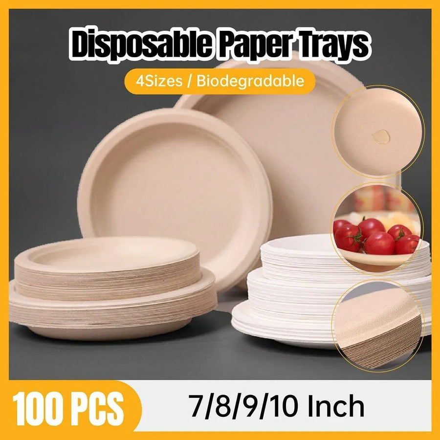 100x Biodegradable Sugarcane Paper Trays - Eco-Friendly & Durable for  Food - 7inches-100pcs
