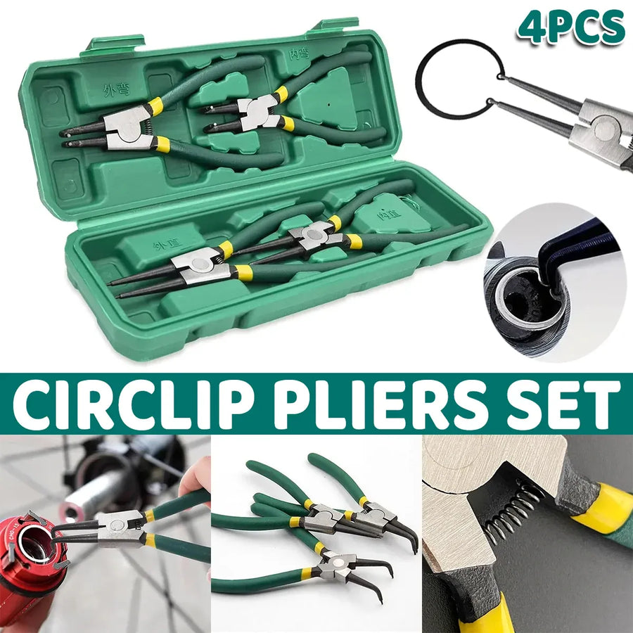4 Piece Circlip Pliers Set 7 Inch Internal and External Straight and Bent Nose Tools