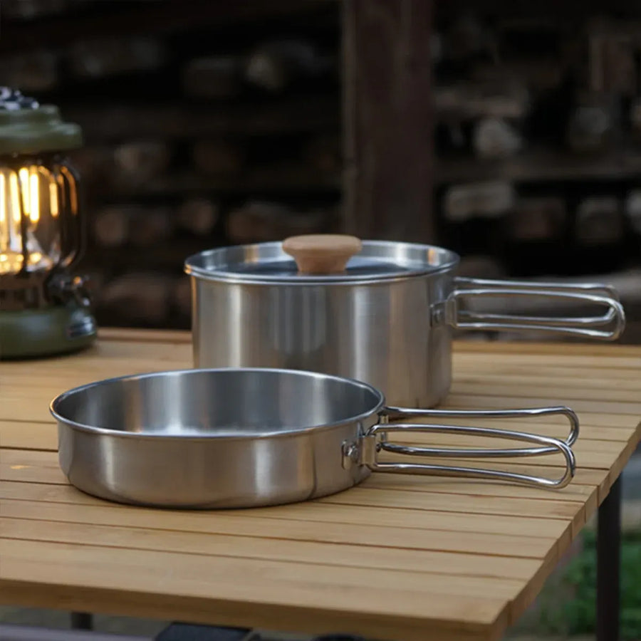 2PCS 304 Stainless Steel Camping Pot and Pan Set With Folding Handles Outdoor