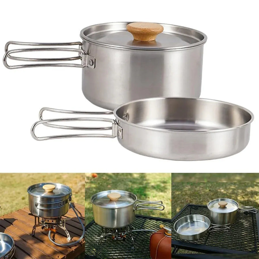 2PCS 304 Stainless Steel Camping Pot and Pan Set With Folding Handles Outdoor
