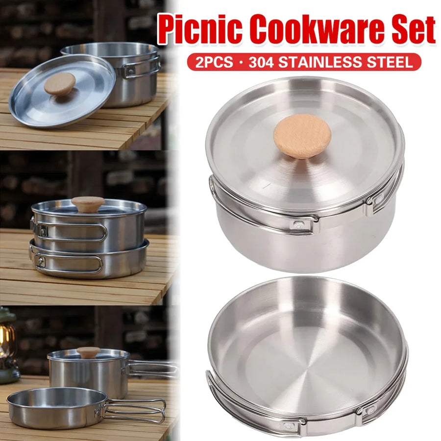 2PCS 304 Stainless Steel Camping Pot and Pan Set With Folding Handles Outdoor