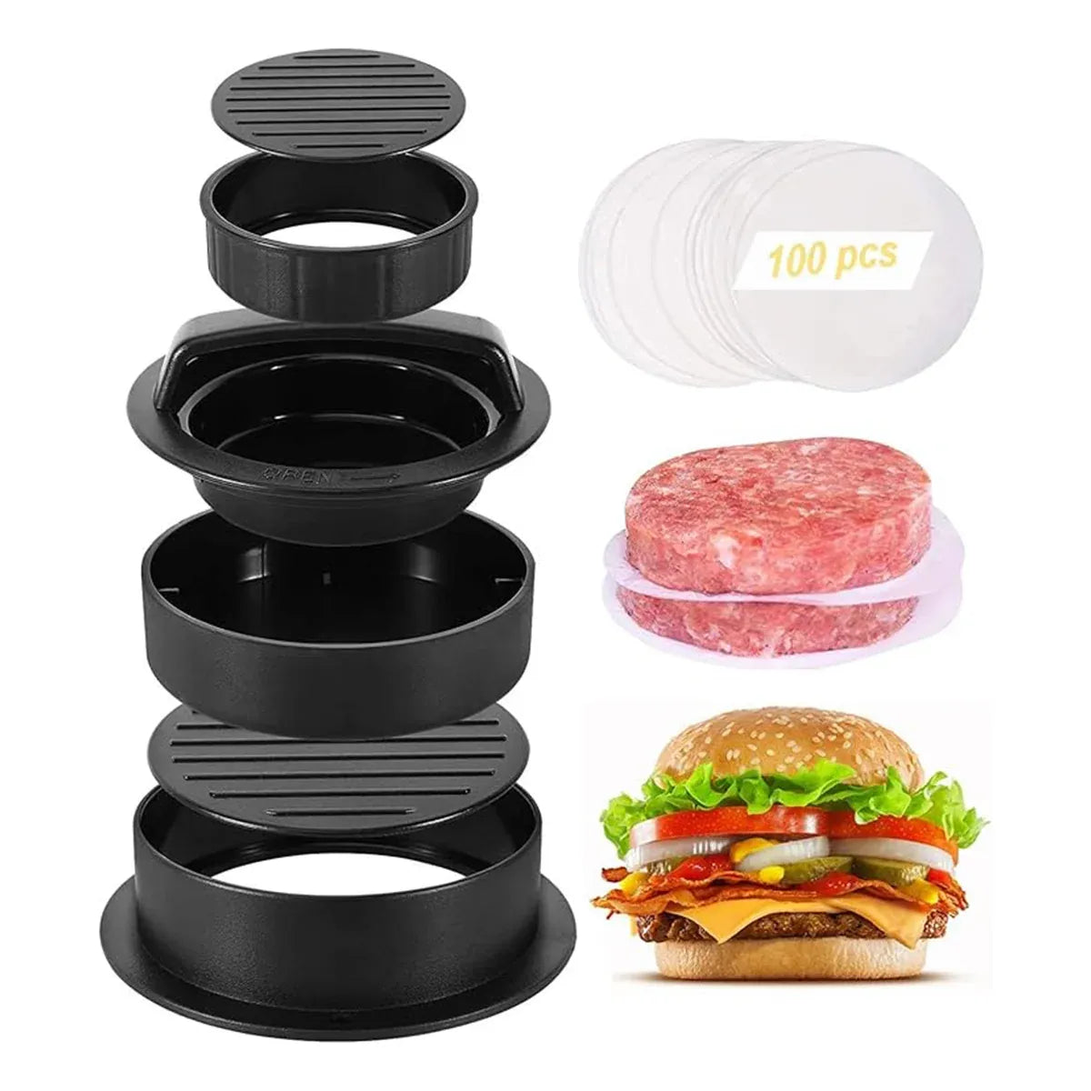 Manual Hamburger Press Round Meat Patty Mould BBQ with 100 Wax Discs