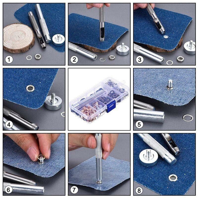 Eyelet Punch Die Tool Kit with 100 Sets of 6mm Grommets for Leather Craft
