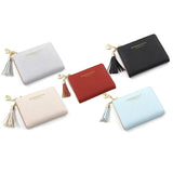 Ladies Short Wallet Small Leather Purse Folding Card Holder Coin Pocket Tassel Design - Red - Front View