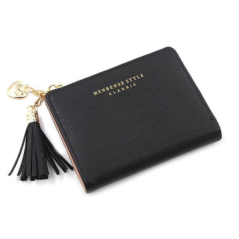 Ladies Short Wallet Small Leather Purse Folding Card Holder Coin Pocket Tassel Design - Red