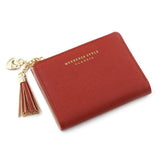 Ladies Short Wallet Small Leather Purse Folding Card Holder Coin Pocket Tassel Design - Red