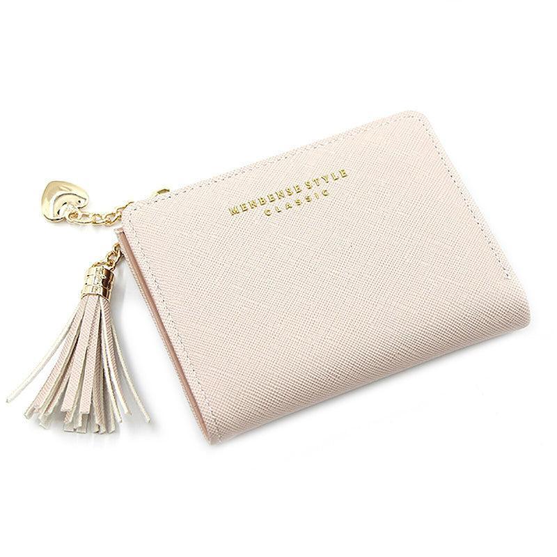 Ladies Short Wallet Small Leather Purse Folding Card Holder Coin Pocket Tassel Design - Red