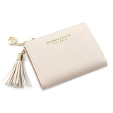Ladies Short Wallet Small Leather Purse Folding Card Holder Coin Pocket Tassel Design - Red - Low Angle